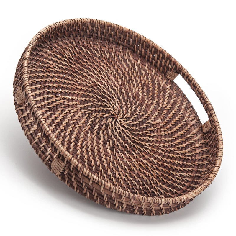 DECRAFTS Round Rattan Woven Serving Tray with Handles Ottoman Tray for Breakfast, Drinks, Snack for Coffee Table, Home Decorative (11"x1.6", Honey Brown) - Image 1
